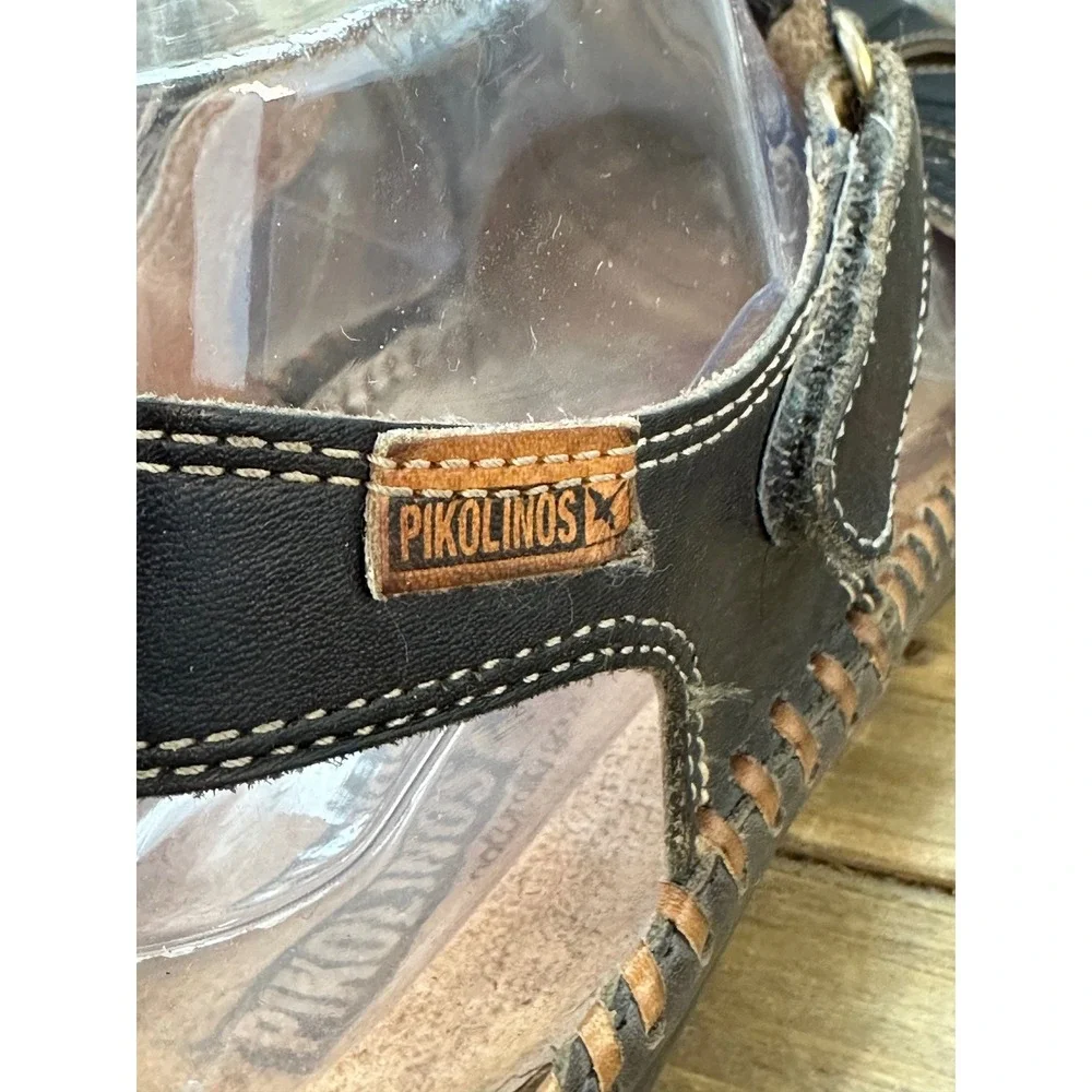Pikolinos T-Strap Whipstitch Leather Wedge Sandals Womens 38 / 7.5 Black Shoes